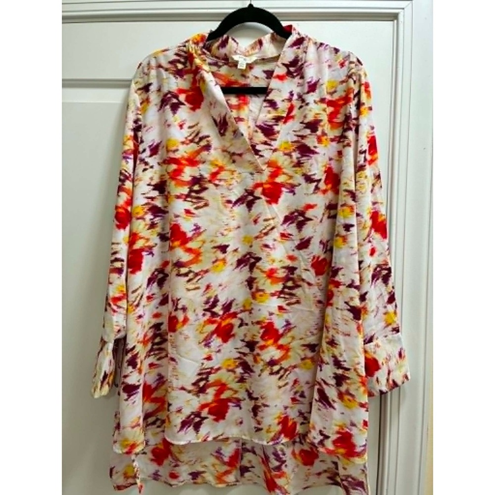 Terra & Sky Womens 1X 16W-18W Abstract Floral Tunic Blouse V Neck 3/4 Plus